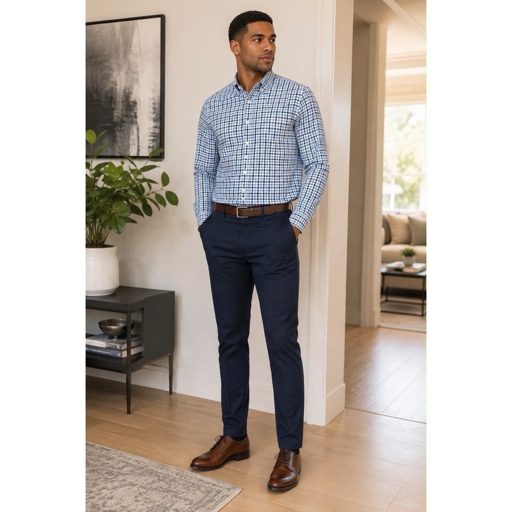 Egara Men's XL Blue Check Modern Fit Stretch Non-Iron Button-Up Dress Shirt
